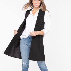 BLACK COLOR NOTCH COLLAR LONGLINE OPEN VEST